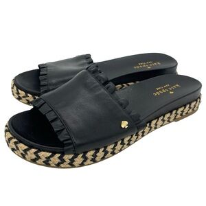 Kate Spade Zahara Black Leather Ruffle Slide Sandals Espadrilles